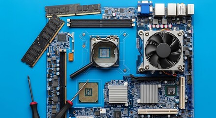 Computer hardware components including motherboard, ram, cpu socket, and cooling fan, with tools for assembly and repair