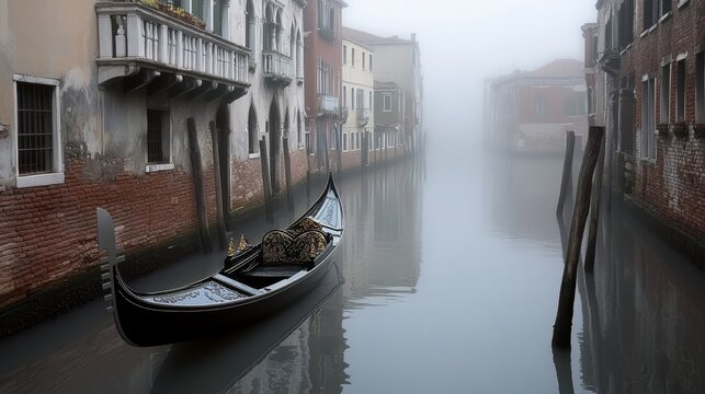 Mysterious Venice Canal Encounter Fog-Shrouded Buildings, Gondolas, and Serene Waters Captured - Powered by Adobe