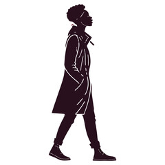 Silhouette of a stylish woman walking in a coat. Full-body vector illustration in profile. Modern, urban fashion concept isolated on a white background.
