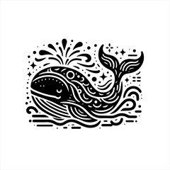 Fototapeta premium Whimsical black and white whale illustration with decorative elements