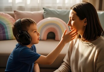 Mother holding hands with neurodivergent child with noise cancelling headphone in warm living room light showing emotional connection and support