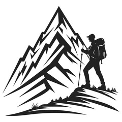 Silhouette of a hiker with a backpack and poles against a stylized mountain peak. Vector logo for adventure, climbing, and outdoor exploration clubs.
