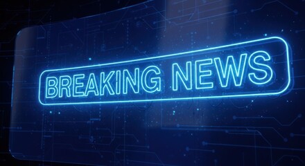 Breaking News glowing neon text on a futuristic digital screen background. Concept for live broadcast, media, and technology.