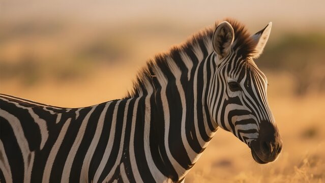 A zebra stands in a golden savanna, its black and white stripes contrasting against the warm background.
