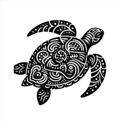 Intricate black and white ornamental sea turtle silhouette