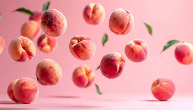 Multiple peaches and leaves floating in movement against a simple pink background