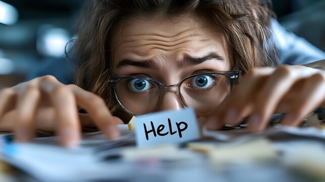 Young woman with glasses peeks over desk with help note, expressing workplace stress and anxiety through intense blue eyes and fearful expression.