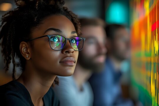 Young African American woman wearing glasses gazes thoughtfully at colorful data visualization display, with colleagues in background, modern office setting.