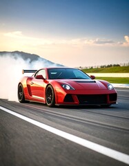 Fototapeta premium Red sports car drifting on a race track at sunset (1)