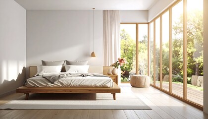 Modern minimalist bedroom with large windows