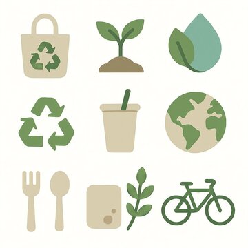 Minimalist Eco-Friendly Icons Set &ndash; Green and Beige Flat Design for Sustainability and Environmental Campaigns