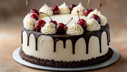 Elegant cream cake decorated with chocolate drip, whipped cream swirls and fresh cherries on top, set against blurred brown background. Perfect for celebrations.