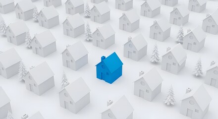 Obraz premium Blue House Among White Houses | Unique Home Concept for Real Estate Marketing and Individuality