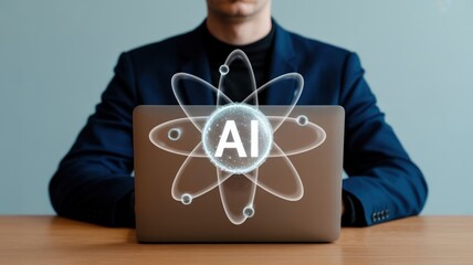 AI and Science - A man at a laptop with a glowing "AI" text and an abstract atomic structure, symbolizing artificial intelligence in scientific research