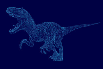 A 3D wireframe of a Tyrannosaurus Rex displays intricate geometric shapes and lines on a blue background. The detailed skeletal structure highlights the dinosaur's powerful form.