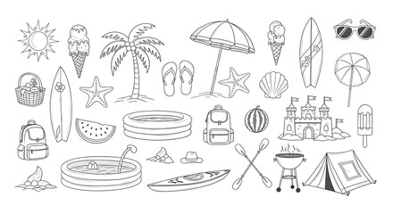 Summer vacation and beach elements collection with sun, palm tree, ice cream, surfboard, sunglasses, umbrella, sandcastle, tent, and more, isolated on transparent background