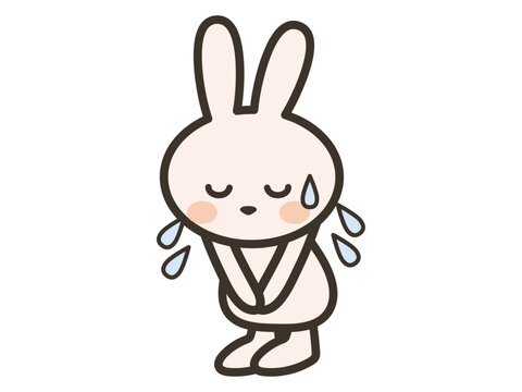 Illustration of a cute rabbit with a cold sweat bowing and apologizing