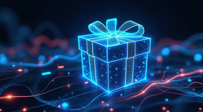Glowing blue neon gift box with digital data streams