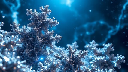Metallic alloy fractals grow crystalline structures emitting blue energy waves in deep space.
