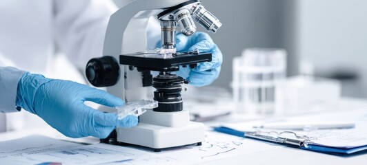 The laboratory microscope in use by a researcher for scientific analysis.