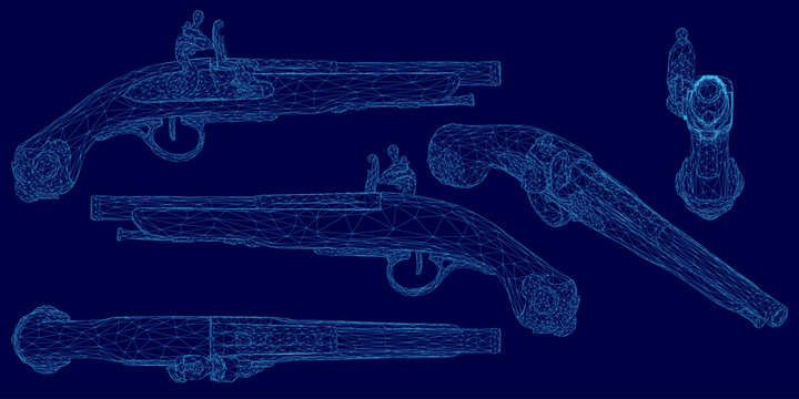 A flintlock pistol blueprint features intricate wireframe details of the barrel, handle, and trigger on a contrasting blue background. The colonial-era design highlights precise mechanical components.