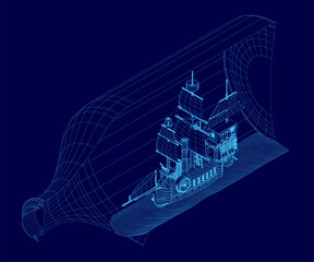 A detailed blueprint of a ship in a bottle features a 3D wireframe design with intricate sails, hull, and rigging clearly visible against a solid blue background.