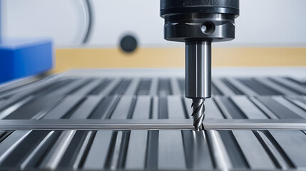 Close-up of a precision drill bit in a CNC machine, emphasizing the cutting tool and mechanical details. Ideal for industrial and manufacturing concepts.