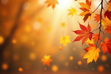 Colorful autumn leaves with sunlight filtering through trees. The scene captures the essence of fall with warm hues and a serene atmosphere.