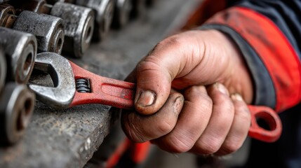 Mechanic using adjustable wrench in workshop industrial setting close-up view tool maintenance
