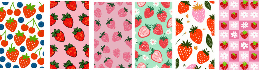 cute seamless strawberry fruit sweet hand drawn pattern background set