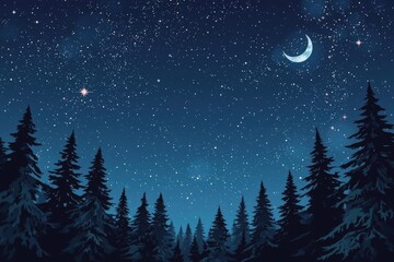 Naklejka premium Starry Night Sky and Moon Over Forest Silhouette in Tranquil Landscape with Stars and Twilight Atmosphere – Nature Inspired Digital Art and Minimalist Design