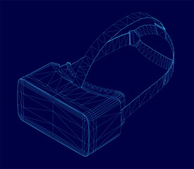 A 3D wireframe VR headset floats against a sleek blue background, showcasing futuristic technology. The detailed mesh structure highlights the device's contours and design.
