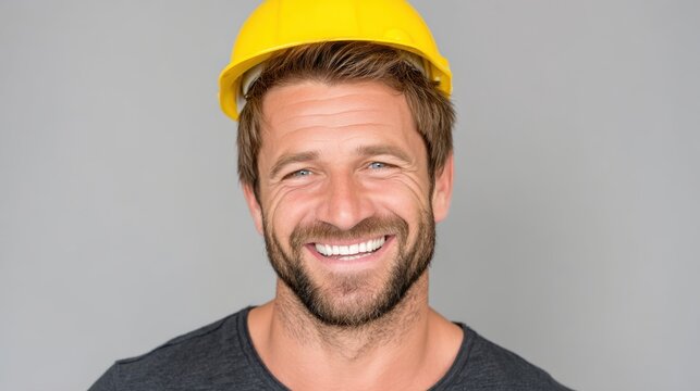 Construction worker smiling with hard hat indoor studio portrait photography bright environment engaging viewpoint for industry appeal