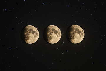 Three full moons shining brightly in a starry night sky