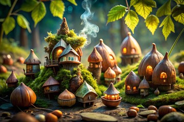 Enchanting fairy village nestled in a whimsical forest, a fantasy landscape of mushroom houses and magical trees, evoking a sense of peace and idyllic charm