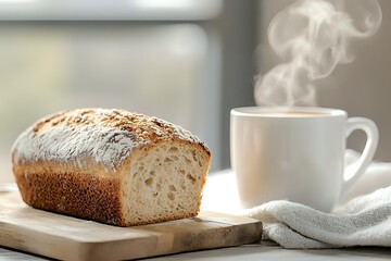 Fresh homemade crusty bread loaf on wooden cutting board with steaming hot coffee cup and white linen napkin in soft morning light, cozy breakfast scene.