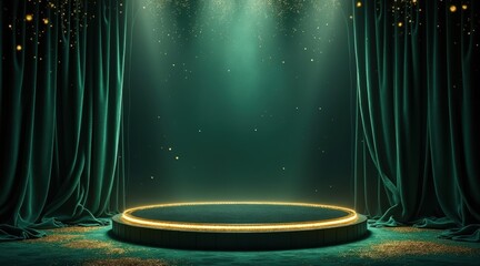 Spotlit stage with velvet curtains and golden podium