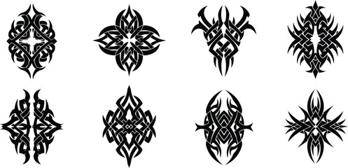  Set of 9 Tribal Tattoo Designs – Black Symmetrical Vector Art in Grid Layout.