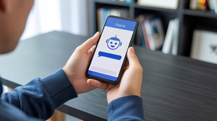Chat AI - A man holding a smartphone with a smiling chatbot icon and "Chat AI" text, for a conversational artificial intelligence