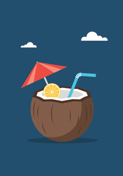 Tropical refreshing coconut drink with umbrella and lemon slice perfect for beach vacations and summer getaways