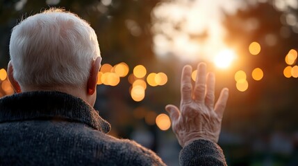 Senior man reaching towards warm sunset light with raised hand, bokeh city lights in background creating nostalgic atmosphere. Concept of hope and future.