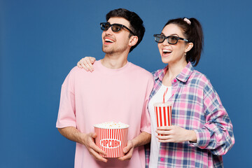 Young happy couple two friends family man woman they wear pink casual clothes together 3d glasses...
