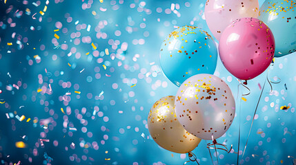 Colorful balloons and confetti on a blue background celebrating a festive event or party. Perfect image for celebration themes and occasions.
