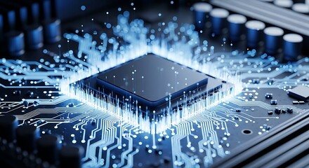 A glowing central processing unit cpu on a circuit board, emitting blue light and energy, symbolizing powerful computing and digital innovation