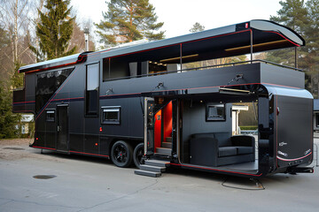 Holiday trip on large family motorhome for holiday in beautiful natural nature, abstract vivid composition consists of fictional unreal fantastic vision on background
