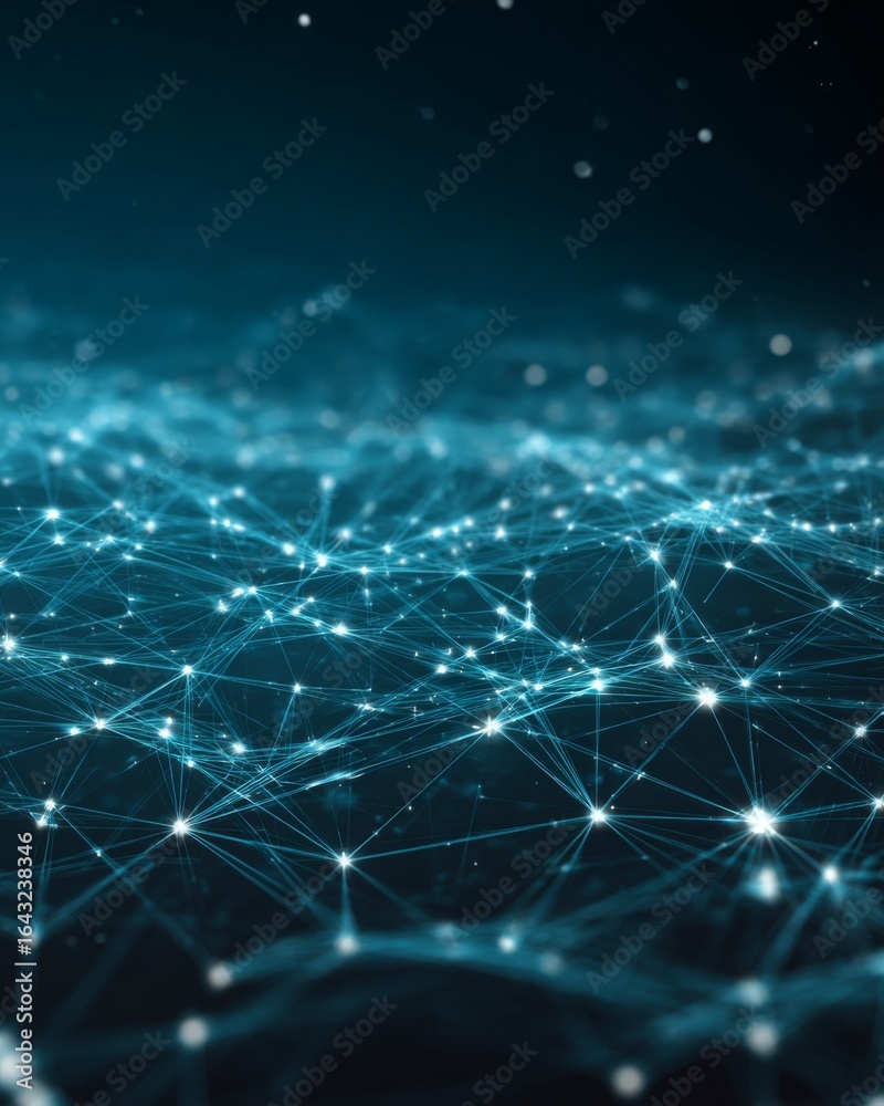 Wall mural abstract network of glowing blue nodes and lines over a dark background.