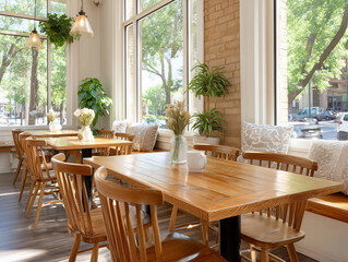 Obraz premium 木製テーブルとグリーン植物のある心地よいカフェ