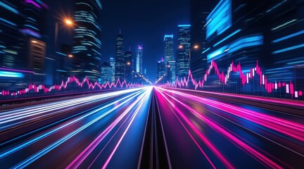 Futuristic cityscape with digital stock market graph overlay at night