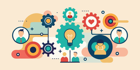 Team collaboration with gears and productivity icons, flat vector style corporate teamwork concept on beige background