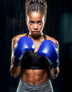 Sublime portrait en gros plan d'une boxeuse noire, &eacute;clairage dur, gants de boxe bleus, image contrast&eacute;e
